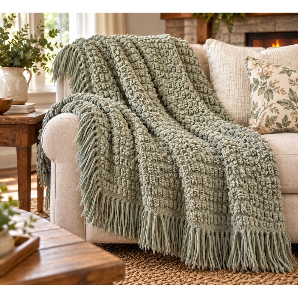 Sonoma Life Style Sage Green Popcorn Knit Throw Blanket Fringe Boho Farmhouse